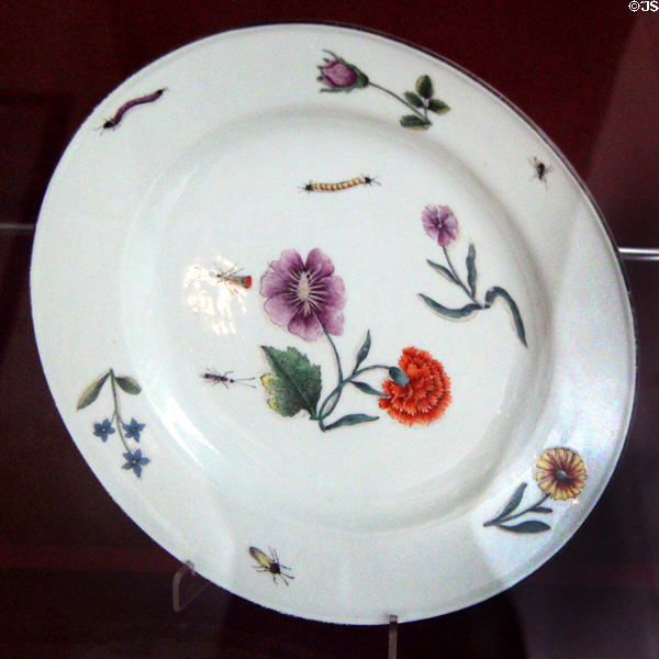 Porcelain plate (1740-45) with flower & insect design by Meissen Porcelain Manuf. of Germany at National Museum of Wales. Cardiff, Wales.