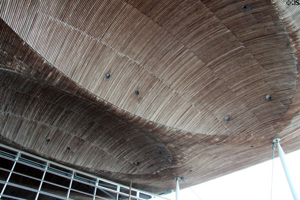 Undulating roof of Welsh Parliament extending beyond building to provide shelter for outside terrace at Cardiff Bay. Cardiff, Wales.