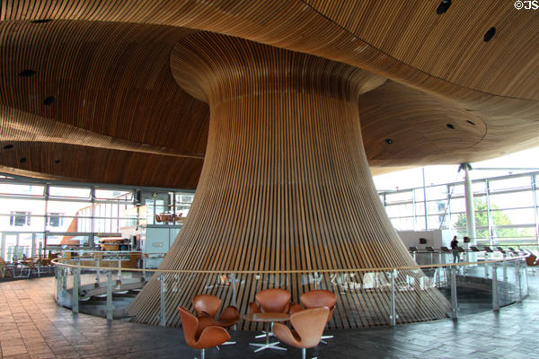 Redwood funnel over Debating Chamber below brings in natural light and also serves as a natural ventilation system for cooling at Welsh Parliament at Cardiff Bay. Cardiff, Wales.