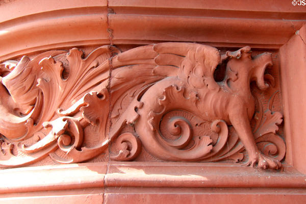 Dragon carved on terracotta panel on the Pierhead building at Cardiff Bay. Cardiff, Wales.