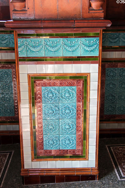 Ornamental tile arrangements in blue & rose in Pierhead building at Cardiff Bay. Cardiff, Wales.