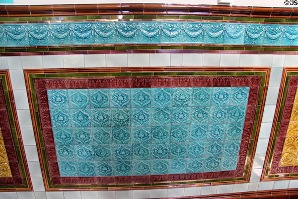 Ornamental tile arrangement in blue, rose & gold in Pierhead building at Cardiff Bay. Cardiff, Wales.