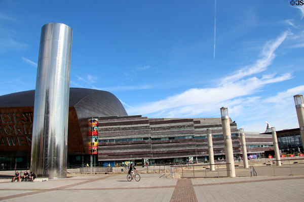 Water Tower sculpture/fountain (2000) by William Pye on Roald Dahl Plass in front of Wales Millennium Centre at Cardiff Bay. Cardiff, Wales.