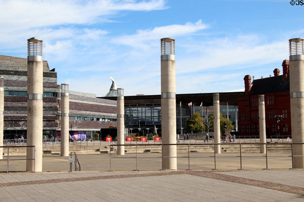 Roald Dahl Plass with Welsh slate walls of Wales Millennium Centre in background at Cardiff Bay. Cardiff, Wales.