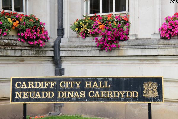 Sign for Cardiff City Hall in English & Welsh. Cardiff, Wales.