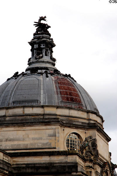 Profile of Welsh dragon on top of Cardiff City Hall dome. Cardiff, Wales.