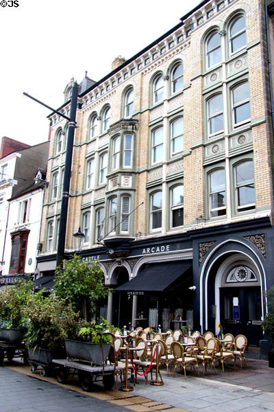 Castle Arcade building (1887) on pedestrian mall in Cardiff City Centre. Cardiff, Wales.