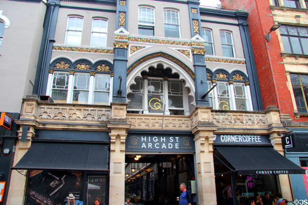 Ornate facade on High St. Arcade building (1885) in Cardiff City Centre. Cardiff, Wales.