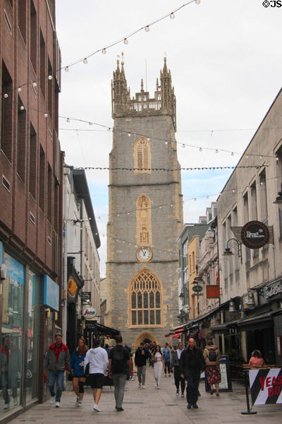 St John the Baptist Church (1180, last reconstructed 19th C) as viewed from Church St in Cardiff City Centre. Cardiff, Wales.