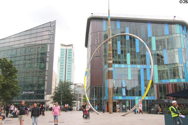 Alliance (2009) sculpture, where hoop contains liquid which rises & falls with movement of the tide, by Jean-Bernard Metais on Hayes Place in Cardiff City Centre. Cardiff, Wales.