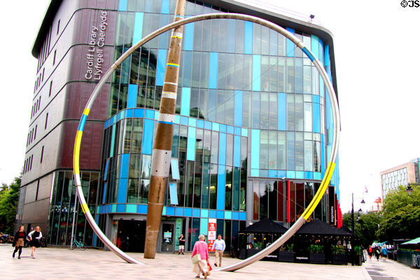 Alliance (2009) sculpture by Jean-Bernard Metais with Cardiff Library in background on Hayes Place in Cardiff City Centre. Cardiff, Wales.