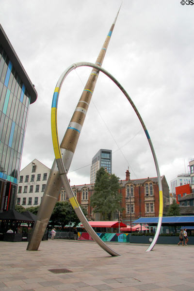 Alliance (2009) sculpture, where hoop contains liquid which rises & falls with movement of the tide, by Jean-Bernard Metais on Hayes Place in Cardiff City Centre. Cardiff, Wales.