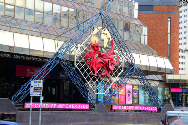 Red Welsh dragon sculpture (c1993) at Cardiff International Arena in Cardiff City Centre. Cardiff, Wales.