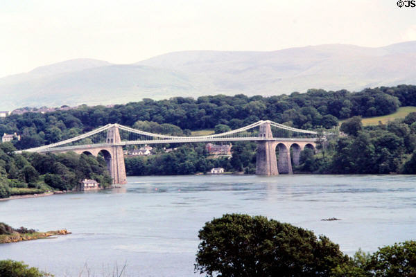 Menai Bridge (1826) spanning the Menai Straight between Anglesey Island & the mainland of Wales, one of the world's first suspension bridges, by Thomas Telford,. Bangor, Wales. Architect: Thomas Telford.