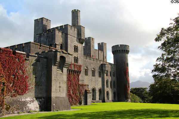 Penrhyn Castle on a hill overlooking the surrounding countryside. Bangor, Wales.