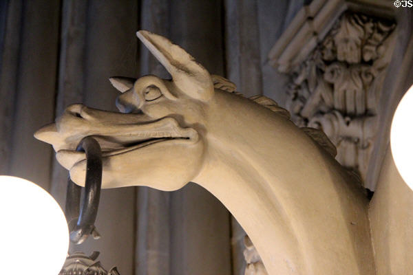 Beast holding lantern in its mouth at Penrhyn Castle. Bangor, Wales.
