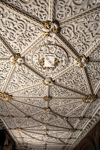 Highly ornate ceiling with panels filled with sculpted plaster figures of beasts & gilded elements in Library at Penrhyn Castle. Bangor, Wales.