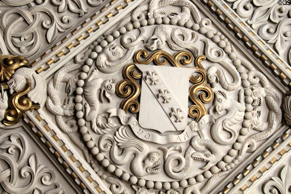 Diamond shaped panel of ornate ceiling containing gilded elements, fleurs-de-lis, & sculpted plaster figures of beasts in Library at Penrhyn Castle. Bangor, Wales.