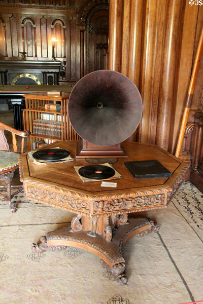 Gramophone & records on octagonal table in Library at Penrhyn Castle. Bangor, Wales.