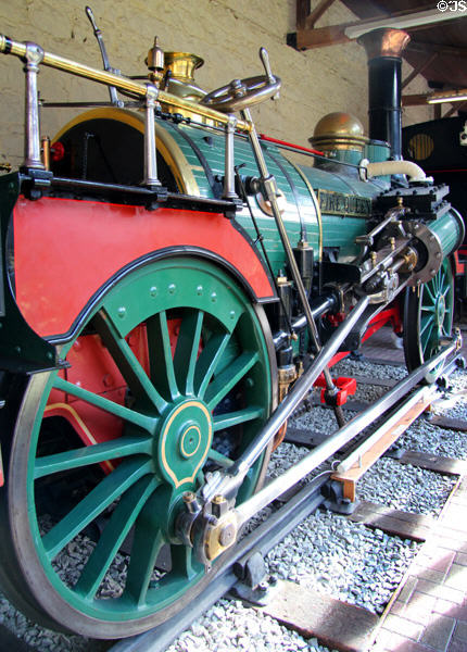 Wheel & mechanisms of Fire Queen tender locomotive (1848) built for Padarn Railway at Penrhyn Castle Rail Museum. Bangor, Wales.