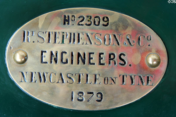 Makers plaque (1879) identifying R.S. Stephenson & Co., Newcastle on Tyne. on Haydock side tank locomotive at Penrhyn Castle Rail Museum. Bangor, Wales.