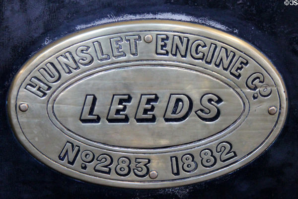 Makers plaque (1882) identifying Hunslet Engine Co of Leeds on Charles Saddle Tank locomotive at Penrhyn Castle Rail Museum. Bangor, Wales.