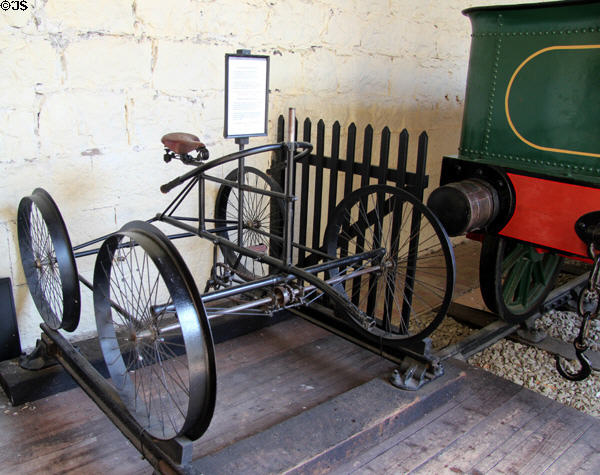 Padarn Railway Pedal Cycle used by Dinorwic Quarries Chief Engineer to travel between home & work & to inspect rail track at Penrhyn Castle Rail Museum. Bangor, Wales.