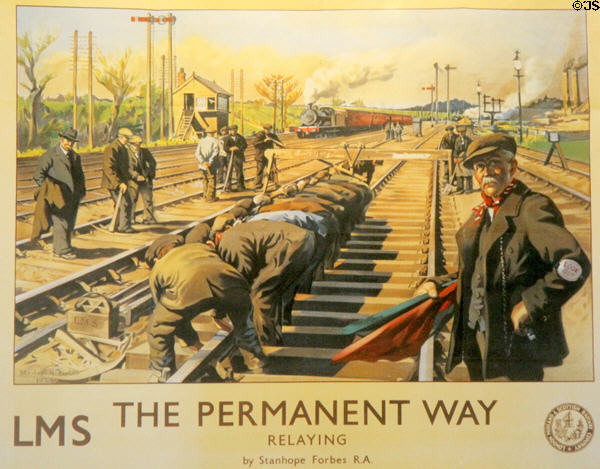 "The Permanent Way, Relaying" lithograph (1924) by Stanhope Forbes R.A. .at Penrhyn Castle Rail Museum. Bangor, Wales.