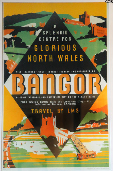 Vintage poster advertising delights of a rail holiday to Bangor, North Wales at Penrhyn Castle Rail Museum. Bangor, Wales.