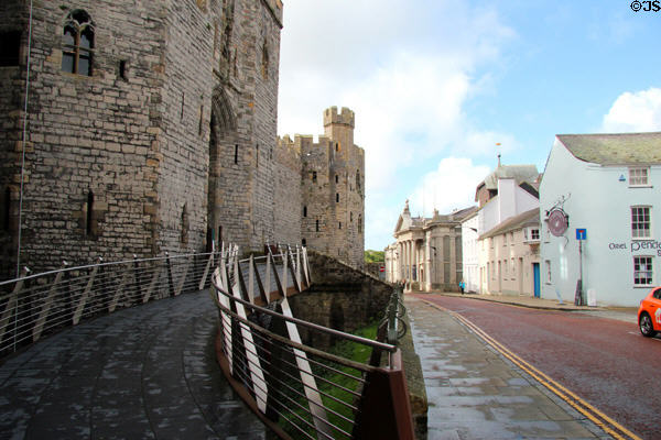 Visitor ramp on town facing side at Caernarfon Castle. Caernarfon, Wales.