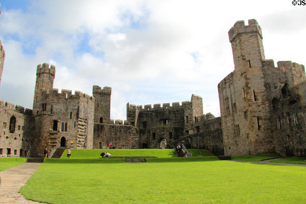 Inner courtyard where the Prince Charles, now King Charles III, was invested as Prince of Wales in 1969 at Caernarfon Castle. Caernarfon, Wales.