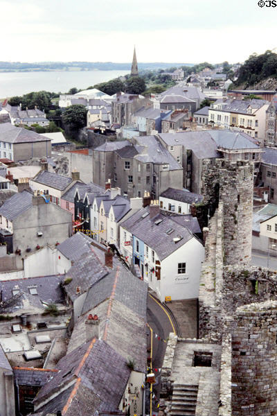 View of the narrow streets & slate roofed buildings from the Castle. Caernarfon, Wales.