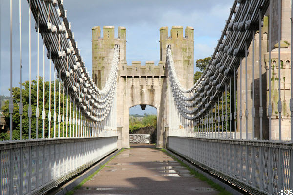 Supporting chains of Telford suspension bridge, which crosses River Conwy anchored into bridge towers. Conwy, Wales.