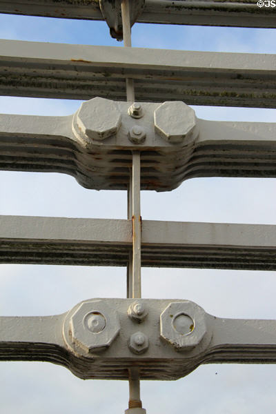 Details of bolted links supporting Telford suspension bridge. Conwy, Wales.
