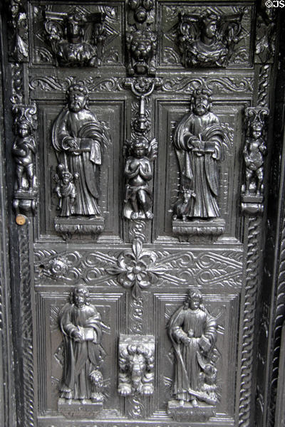 Carvings of four Evangelists on panel at Plas Newydd. Llangollen, Wales.