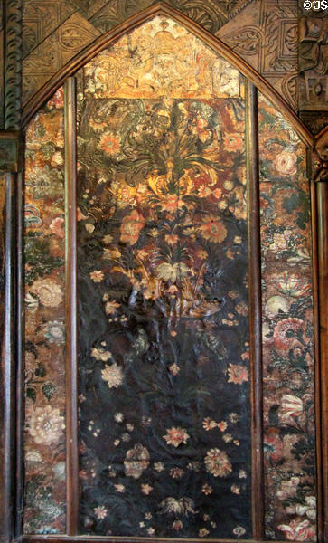 Leather wall covering with floral design at Plas Newydd. Llangollen, Wales.
