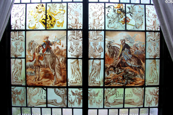 Stained glass window (1870) with image of King Gustavus II Adolph of Sweden & Chevalier Pierre Bayard on the battlefield by F Strius, Antwerp. Llangollen, Wales.