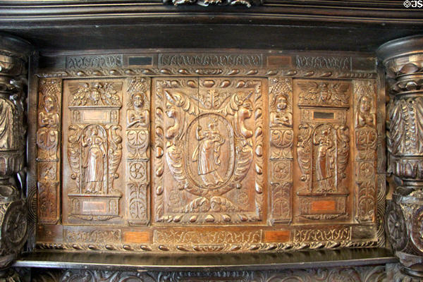 Details of Jacobean style mantelpiece at Plas Newydd. Llangollen, Wales.