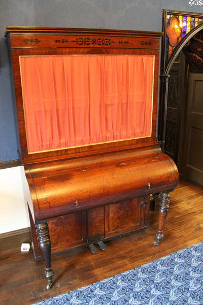Broadwood Red Draped Upright piano (1821) purchased by The Ladies in 1832 at Plas Newydd. Llangollen, Wales.