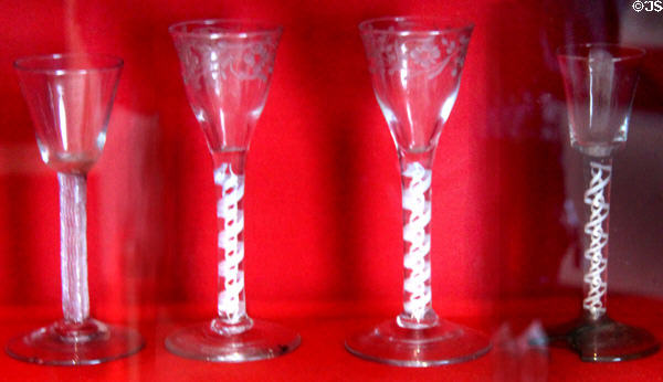 Georgian wine glasses with opaque double enamel twist stems at Plas Newydd. Llangollen, Wales.