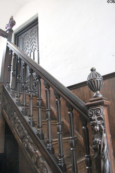 Carved staircase newel posts at Plas Newydd. Llangollen, Wales.