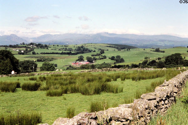 Pasturelands in Pentrefoelus with mortarless stacked stone walls. Pentrefoelus, Wales.