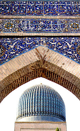 Tamerlane's tomb, Gur Emir, seen through gateway arch in Samarkand. Uzbekistan.