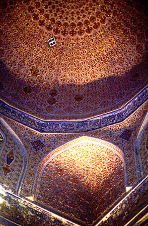 Interior dome of Tamerlane's tomb showing Muslim decorations in Samarkand. Uzbekistan.