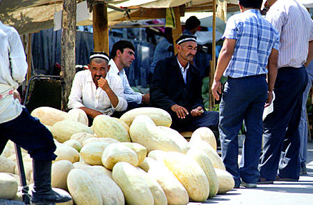 Melons for sale at Samarkand market bazaar. Uzbekistan.