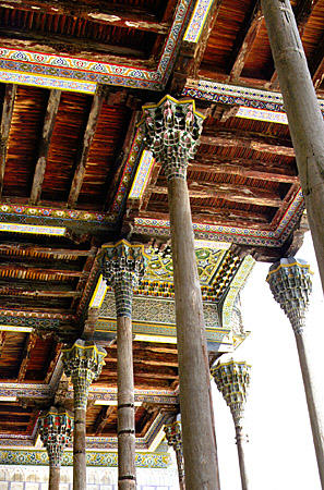 Details of wooden mosque structure in Bukhara. Uzbekistan.