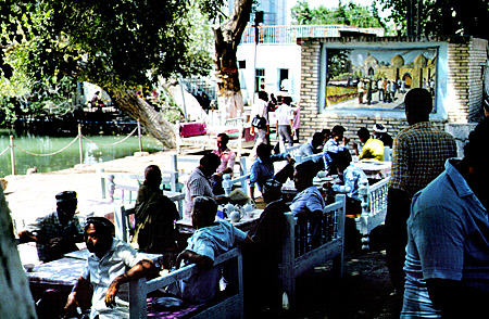 Men take tea at Lyabi-Khauz pool in Bukhara. Uzbekistan.