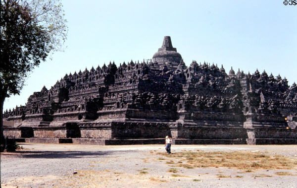 Overview of terraced steps of Borobudur (c800), a Buddhist temple with 2 million cubic feet of stone. Indonesia.