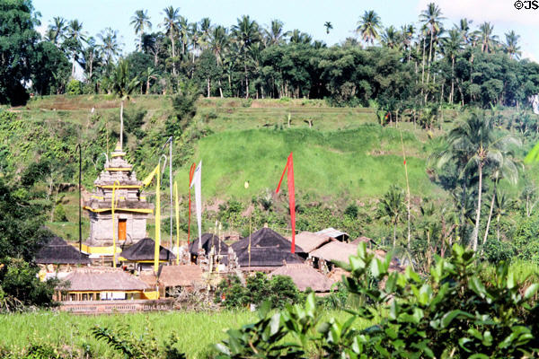 Temple in hills with flags. Bali, Indonesia.