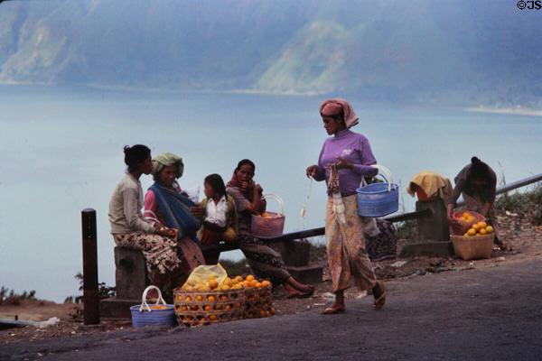 Vendors overlook Lake Batur. Bali, Indonesia.